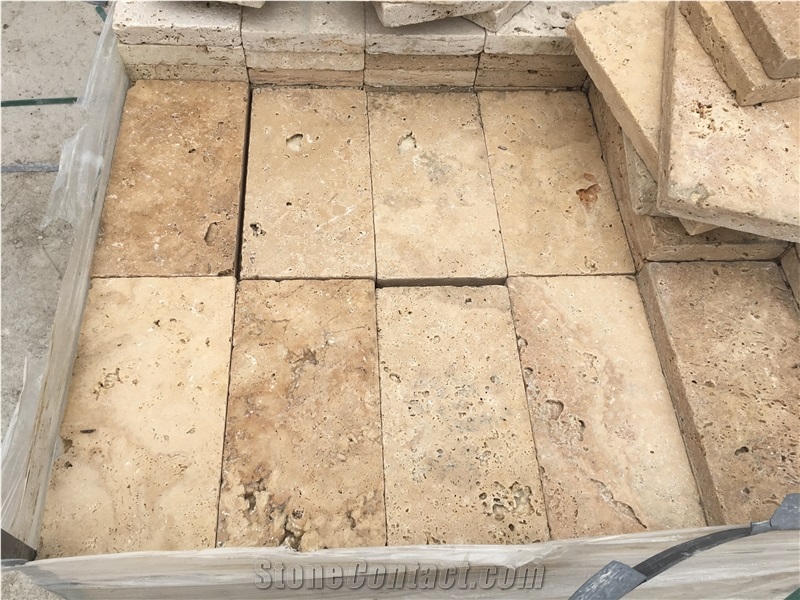 Classic Travertine 3x15x30.5 cm Tumbled Paver, Travertine 1.25" Thick 6x12 Paving Stone Turkey, Cream Beige Travertine Driveway Paving Stone