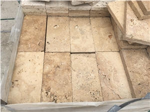 Classic Travertine 3x15x30.5 cm Tumbled Paver, Travertine 1.25" Thick 6x12 Paving Stone Turkey, Cream Beige Travertine Driveway Paving Stone