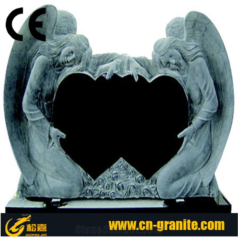 China Black/ Shanxi Black Granite Tombstone, Grave Monument Slab, Butterfly Headstone, Natural Stone, Angel with Heart Carving Monument, Western Design Gravestones,