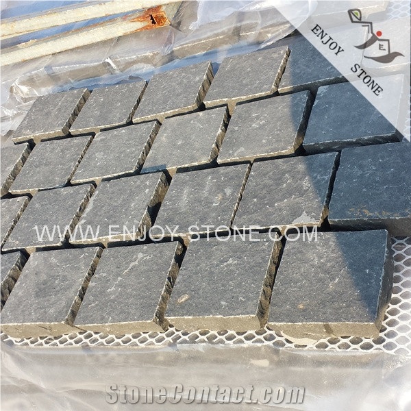 Brick Type Meshed Zhangpu Black Basalt Flamed Pavers,Zp Black Absolute Basalt Paver on Mesh,Black Stone Cobblestone,Paving Stone for Driveway,Walkway Paving,Cobbles with the Mesh