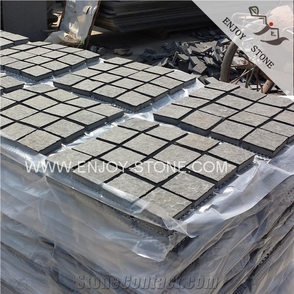 Exfoliated / Flamed Finish Black Basalt Cobble Stone,Zhangpu Black Basalt Quarry,Black Basalt Paving Stone with Mesh,Cobblestone with Mesh