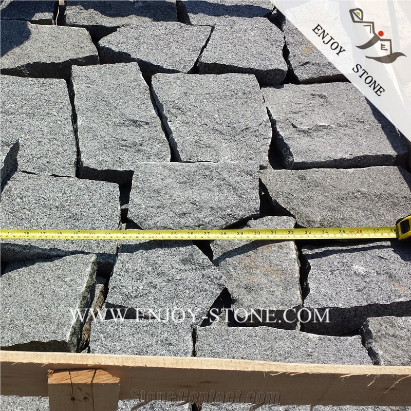 G654 Padang Dark Grey Split Patio Pavers,Granite Handcut Cobblestone,Sesame Black Granite Cobble Stone,Handmade Bricks,All Sides Split Granite