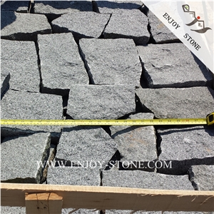 G654 Padang Dark Grey Split Patio Pavers,Granite Handcut Cobblestone,Sesame Black Granite Cobble Stone,Handmade Bricks,All Sides Split Granite