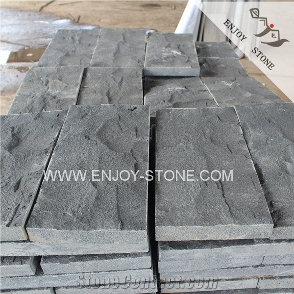 Hainan Black Basaltina Natural Split Bricks,Hainan Dark Basalt Cobble Stone,Black Bluestone Handcut Cube Stone,Hainan Black Andesite