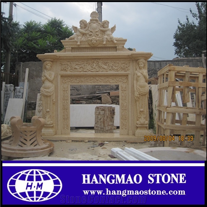 Handcarved Modern Style Beige Granite Stone Fireplace