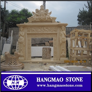 Handcarved Modern Style Beige Granite Stone Fireplace