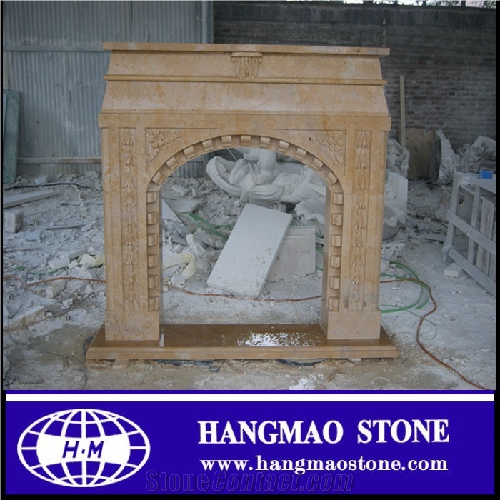 Handcarved Modern Style Beige Granite Stone Fireplace