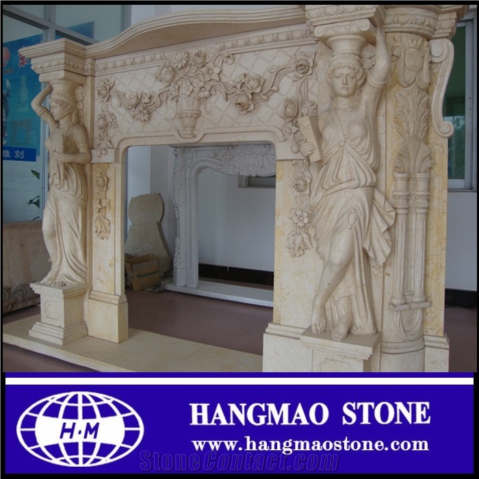 Handcarved Modern Style Beige Granite Stone Fireplace