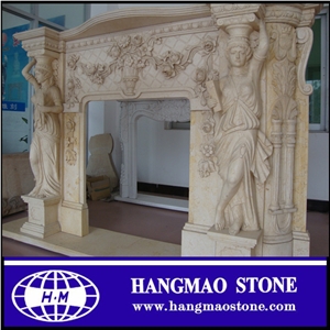 Handcarved Modern Style Beige Granite Stone Fireplace