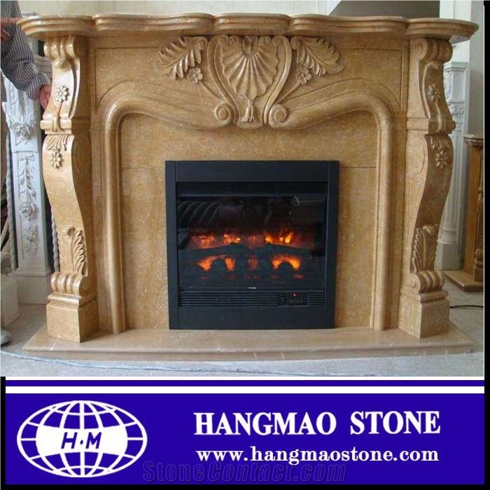 Handcarved Modern Style Beige Granite Stone Fireplace