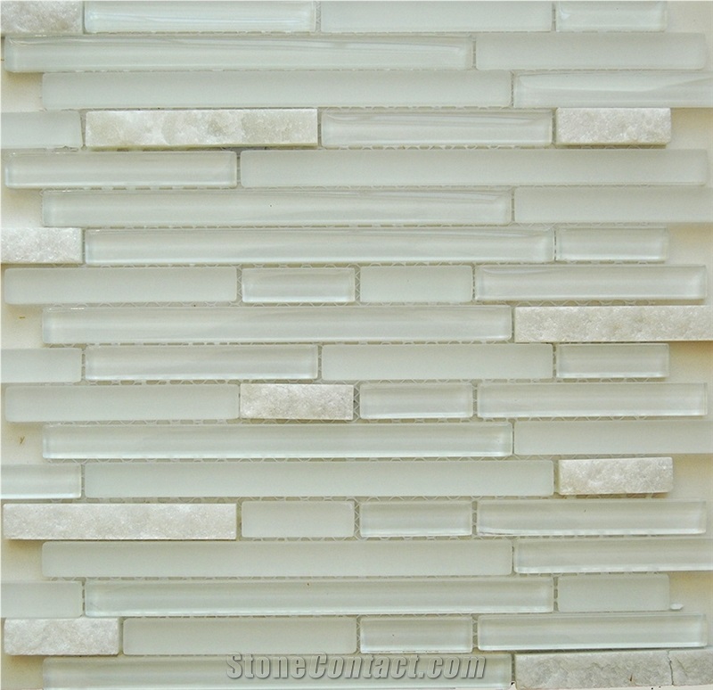 Marble and Glass Mosaic Tile 15*100*7.8, White Marble and Glass Mosaic Tile, Polished Surface, Garden & Balcony Marble and Glass Mosaic Tile, Kitchen Marble and Glass Mosaic Tile, Elevator Mosaic Tile