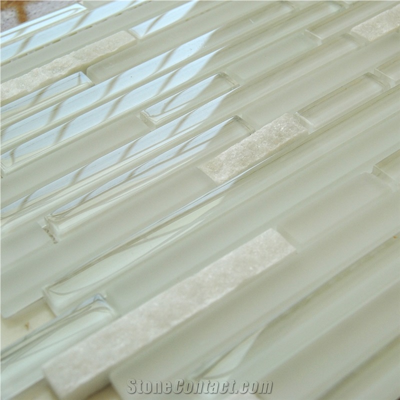 Marble and Glass Mosaic Tile 15*100*7.8, White Marble and Glass Mosaic Tile, Polished Surface, Garden & Balcony Marble and Glass Mosaic Tile, Kitchen Marble and Glass Mosaic Tile, Elevator Mosaic Tile