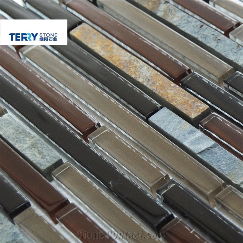 Ts-141001 Black Mix Brown Glass/Slate Stone Linear Strips Mosaic Us as Home/Hotel Decoration