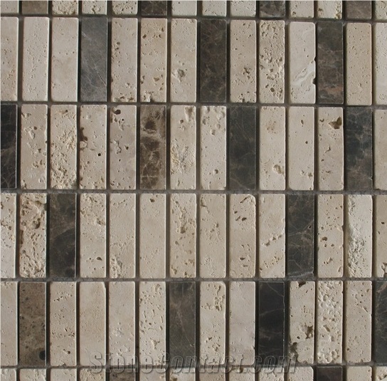 Turkey Light Beige Travertine Natural Stone Mosaic with Dark Grey Marble and Pure Glass Chips Mosaic Tiles Pattern for Floor and Wall , Luxury Commercial Bathroom Decoration
