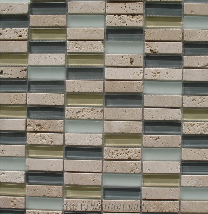 Turkey Light Beige Travertine Natural Stone Mosaic with Dark Grey Marble and Pure Glass Chips Mosaic Tiles Pattern for Floor and Wall , Luxury Commercial Bathroom Decoration