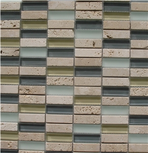 Turkey Light Beige Travertine Natural Stone Mosaic with Dark Grey Marble and Pure Glass Chips Mosaic Tiles Pattern for Floor and Wall , Luxury Commercial Bathroom Decoration