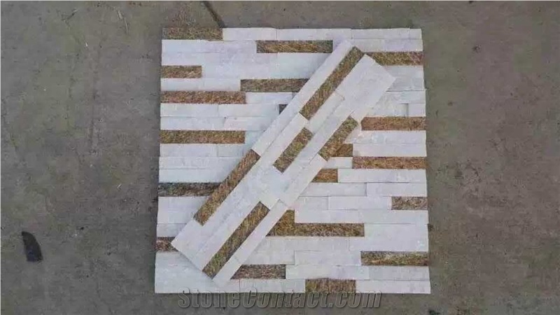 Mixcolor Cultured Stone,Golden White Quartzite Wall Decor,Feature Wall,Wall Cladding,Thin Stone Veneer