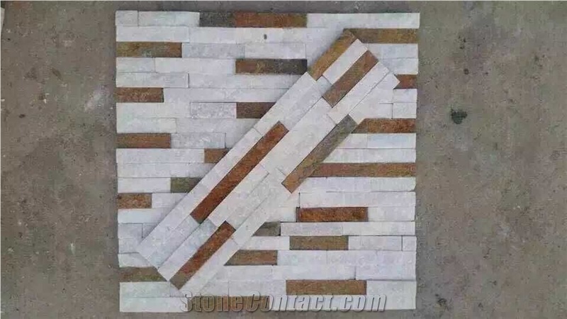 Mixcolor Cultured Stone,Golden White Quartzite Wall Decor,Feature Wall,Wall Cladding,Thin Stone Veneer