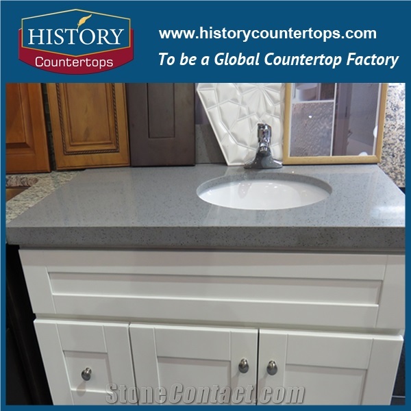 Motar Grey Crystal Man Made Engineered Quartz Stones Custom Bathroom Vanity Tops, Table Tops with Various Edge Profiles