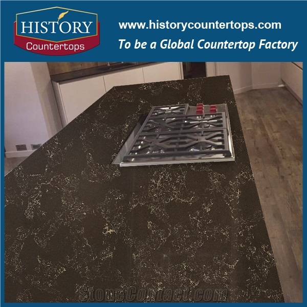 Polished Negro Portoro Quartz Countertops, Cheap Worktop, Brown Manufacturing Quartz Stone Kitchen Countertop