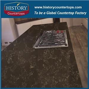 Polished Negro Portoro Quartz Countertops, Cheap Worktop, Brown Manufacturing Quartz Stone Kitchen Countertop