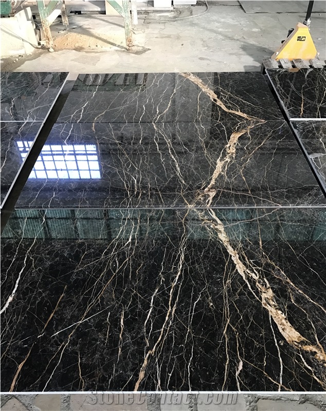 Nero Port Saint Laurent Marble, Black and Gold Marble Slabs