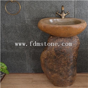 Outdoor Garden Natural Stone Sink,Free Standing Basin Basalt Pedestal Antiqued Sink,Creative Round Washing Basin