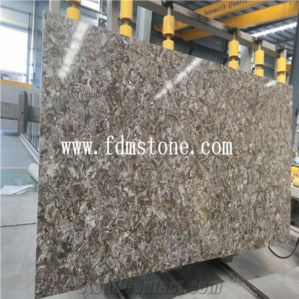 Sofia Shell Tan Yellow Quartz Big Slab,Iron Yellow Vein Series Artificial Quartz Walling and Flooring Tiles