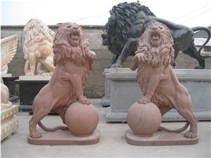 Hand Carved Red Sandstone Lion with Ball Statue Garden Sculpture