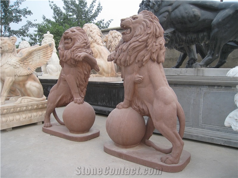 Hand Carved Red Sandstone Lion with Ball Statue Garden Sculpture