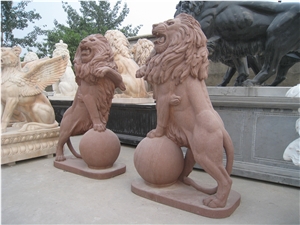 Hand Carved Red Sandstone Lion with Ball Statue Garden Sculpture