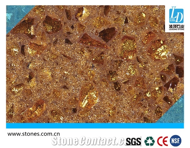Quartz Slab Crystal Shinning Golden, Quartz Surfaces, Cut-To-Size Quartz Tiles for Kitchen Bathroom Decoration