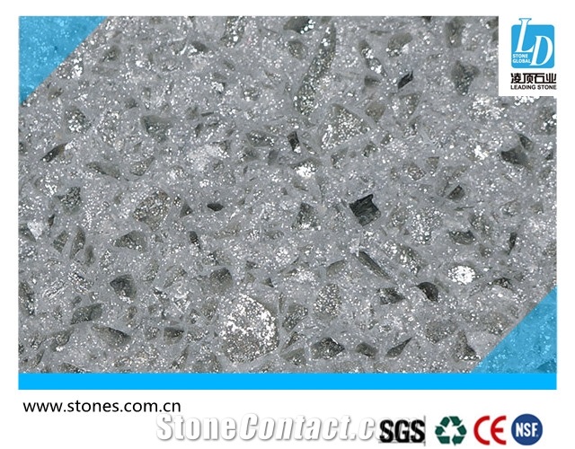 Quartz Slab Crystal Shinning Light Grey, Quartz Stone Slab, Quartz Surfaces, Cut-To-Size Quartz Tiles for Kitchen Bathroom Decoration