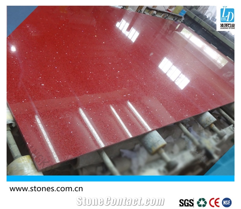 Quartz Slab Crystal Shinning Red, Quartz Surfaces, Cut-To-Size Quartz Tiles for Kitchen Bathroom Decoration