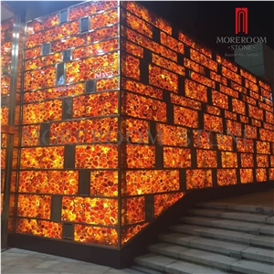 Semiprecious Backlit Red Color Polished Agate Slab