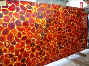 Semiprecious Backlit Red Color Polished Agate Slab
