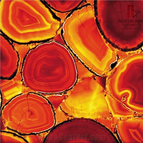 Semiprecious Backlit Red Color Polished Agate Slab