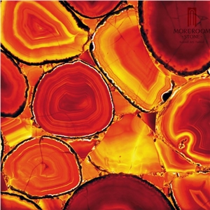 Semiprecious Backlit Red Color Polished Agate Slab