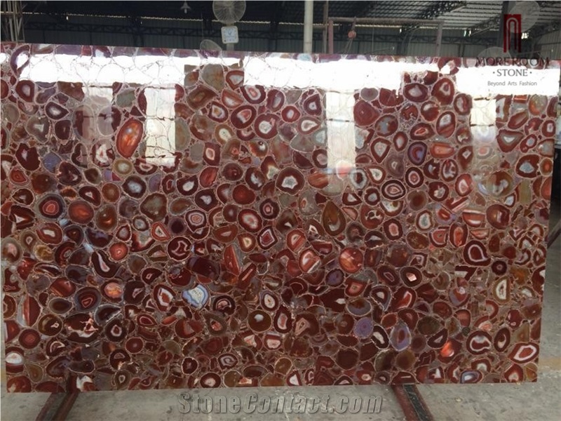 Semiprecious Backlit Red Color Polished Agate Slab