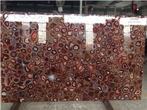 Semiprecious Backlit Red Color Polished Agate Slab