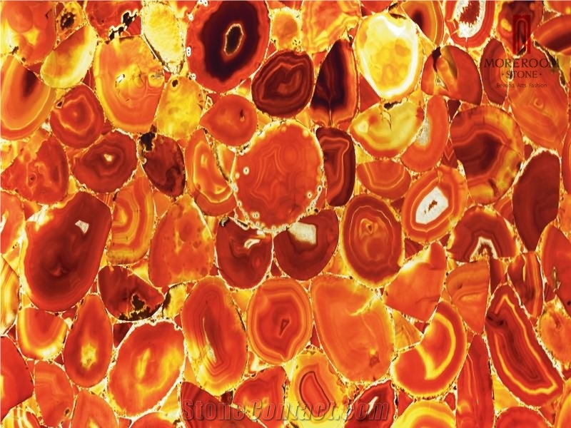 Semiprecious Backlit Red Color Polished Agate Slab