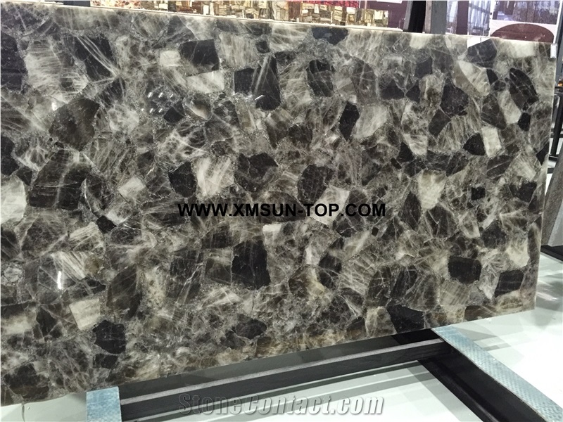 Smoke Crystal Semiprecious Stone Reception Desk/Semi Precious Table Tops/Dark Green Semi-Precious Stone Reception Counter/Work Top/Semiprecious Reception for Hotel&Office&Bar/Interior Decoration