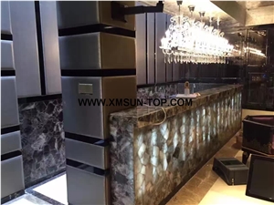 Smoke Crystal Semiprecious Stone Table Tops/Smoke Crystal Semi-Precious Stone Bar Top/Dark Green Stone Reception Counter/Stone Reception Desk/Semi Precious Stone Work Tops/Semiprecious Reception