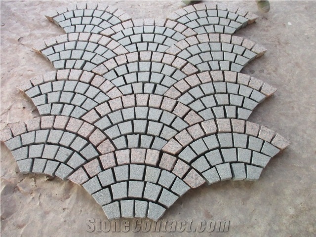 China Popular Cheap G612 Dark Grey + G562 Maple Red Granite Flamed+ Natural Split Cube Stone Mesh Paving Sets, Cobble Stone Mesh Garden Stepping Pavements, Walkway, Driveway, Patio Pavers