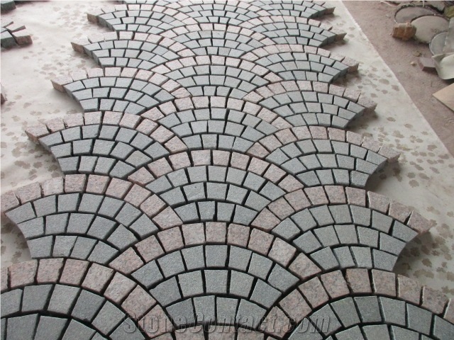 China Popular Cheap G612 Dark Grey + G562 Maple Red Granite Flamed+ Natural Split Cube Stone Mesh Paving Sets, Cobble Stone Mesh Garden Stepping Pavements, Walkway, Driveway, Patio Pavers