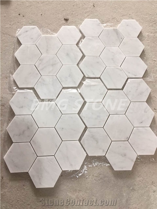 White Marble Bianco Carrara Polished Hexagon Mosaic Tiles, White Marble Carrara Wall Mosaic, Marble Carrara Floor Mosaic