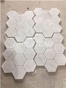 White Marble Bianco Carrara Polished Hexagon Mosaic Tiles, White Marble Carrara Wall Mosaic, Marble Carrara Floor Mosaic
