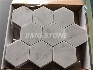White Marble Bianco Carrara Polished Hexagon Mosaic Tiles, White Marble Carrara Wall Mosaic, Marble Carrara Floor Mosaic
