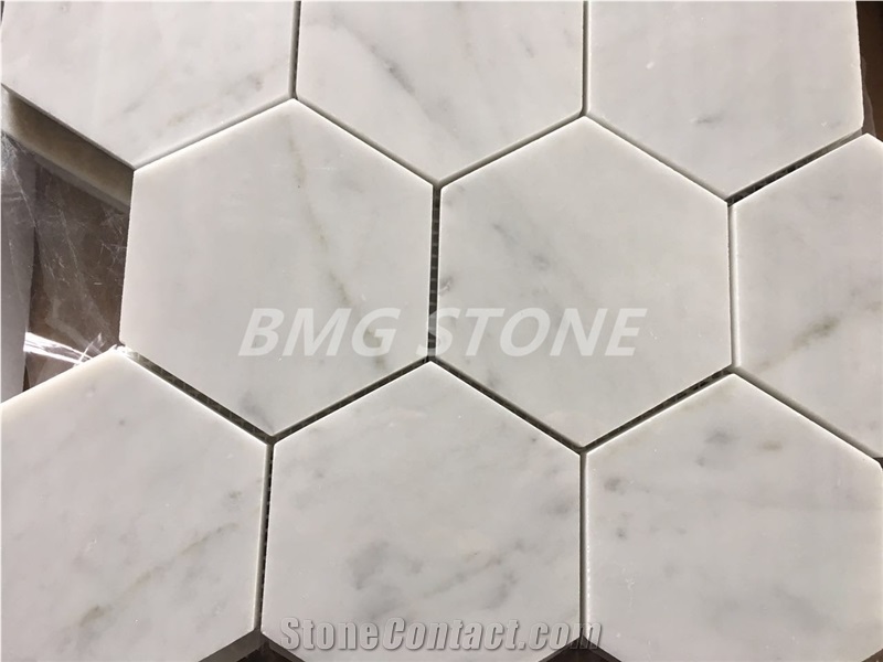White Marble Bianco Carrara Polished Hexagon Mosaic Tiles, White Marble Carrara Wall Mosaic, Marble Carrara Floor Mosaic