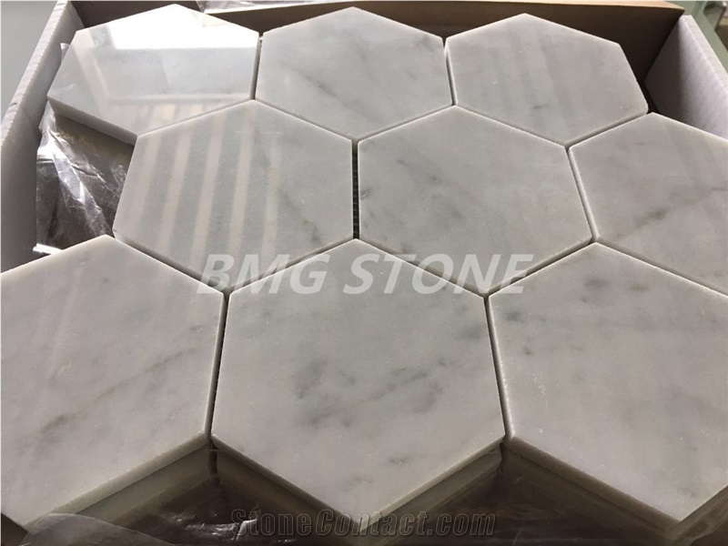 White Marble Bianco Carrara Polished Hexagon Mosaic Tiles, White Marble Carrara Wall Mosaic, Marble Carrara Floor Mosaic